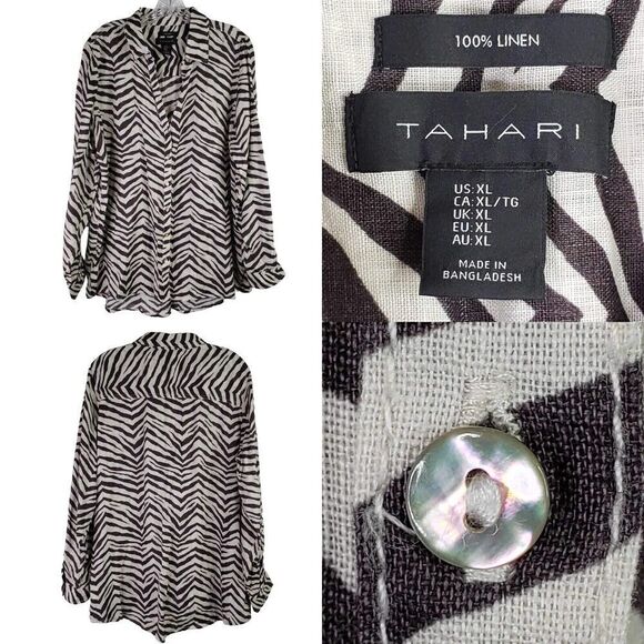 Tahari Shirt Womens XL Zebra Stripe Linen Button Up Long Sleeve Lagenlook - Picture 1 of 8